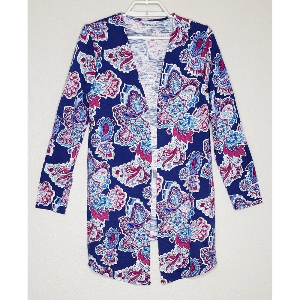 Chico's The Ultimate Tee Open Front Cardigan Size 0 Floral Print Long‎ Sleeve